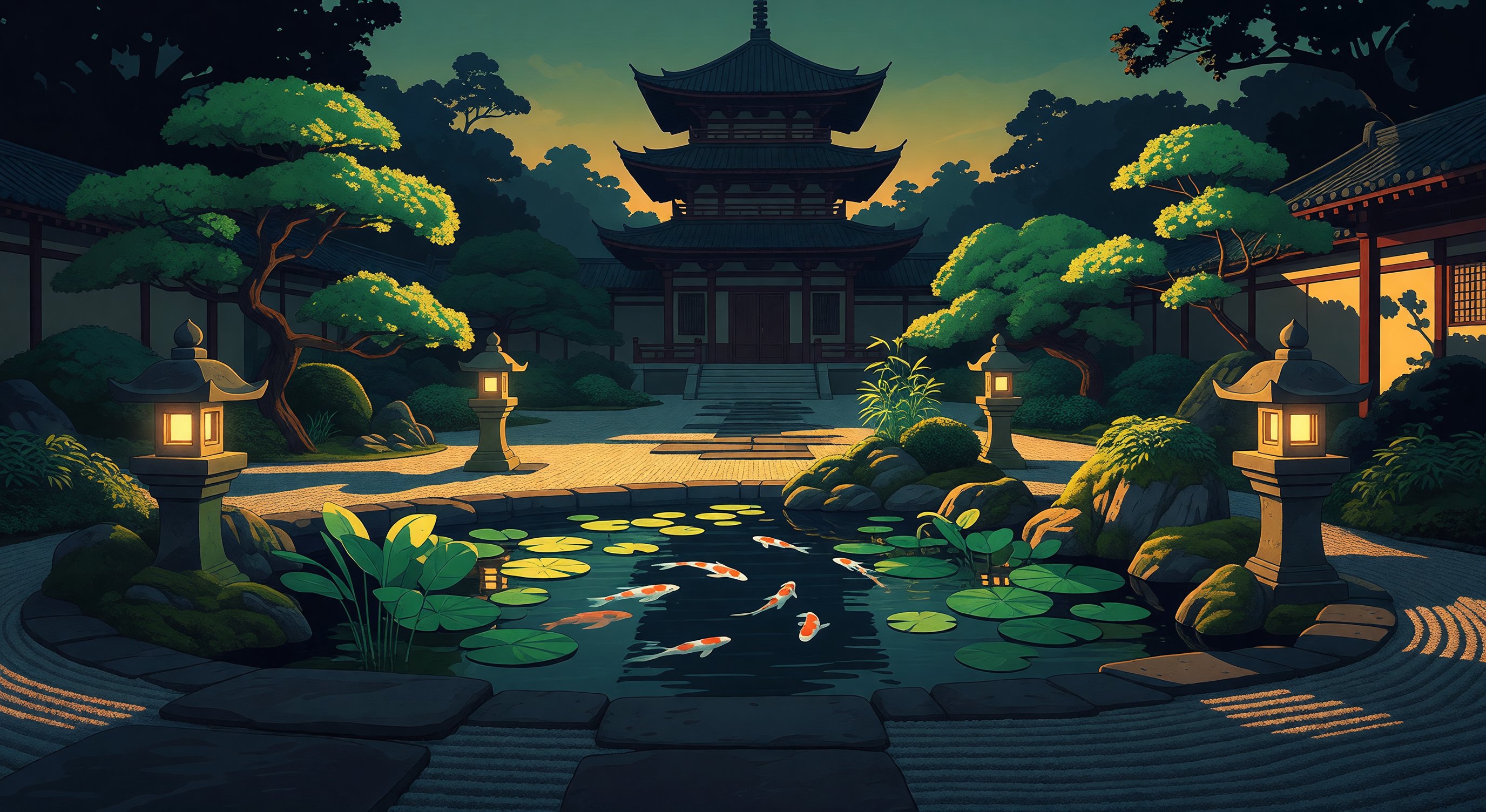 Serene jade garden courtyard with pagoda and koi pond
